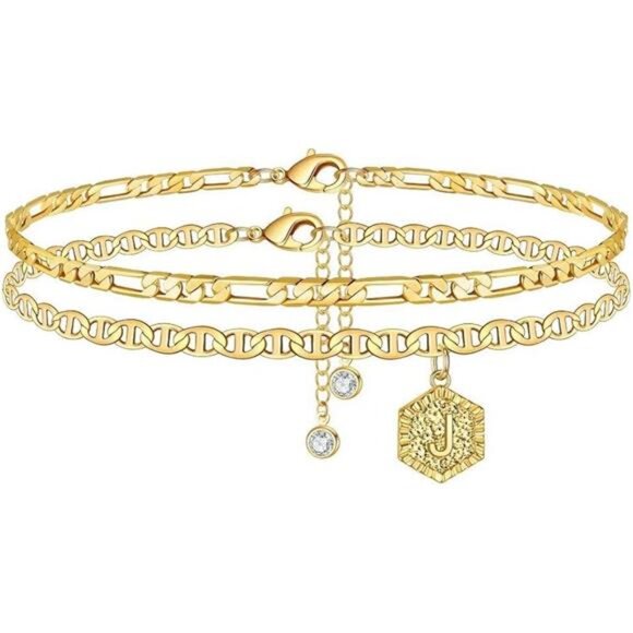 Initial Ankle Bracelets for Women,14K Gold Plated Double Layered Initial Anklets - Picture 7 of 7